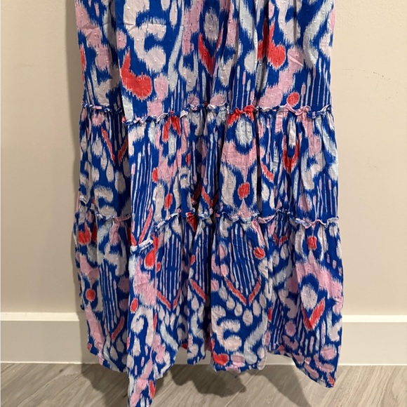 Crown & Ivy Tiered Maxi Dress Blue Pink Ikat Sz Medium Tie Strap Vacation Outift - Picture 3 of 11